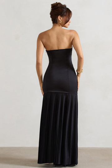 Confidence Black Satin Bandeau Pleated Split Maxi Dress
